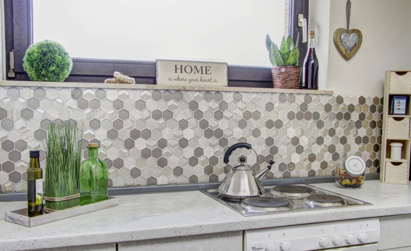 Hand-patterned mosaic tile Tile backsplash Translucent light gray Hexagon glass mosaic Crystal stone 3D light gray MOS11D-44_m