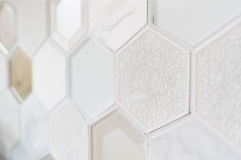 Hand-patterned mosaic tile Tile backsplash Translucent white Hexagon glass mosaic Crystal stone 3D white MOS11E-66_m