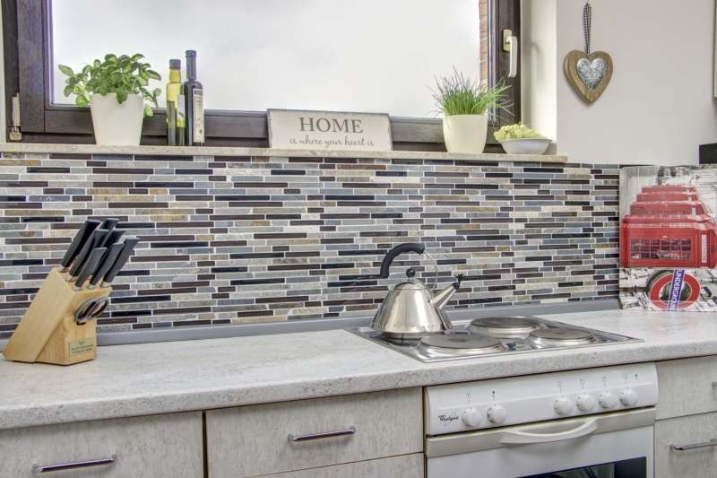 Hand-painted mosaic tile Tile backsplash Translucent beige brown gray black composite glass mosaic Crystal stone MOS86-0206_m