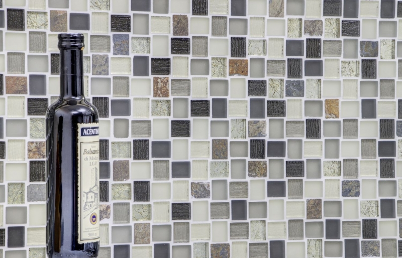 Hand-patterned mosaic tile Tile backsplash Translucent white gray rust Rectangle Glass mosaic Crystal stone rustic MOS82-0102_m