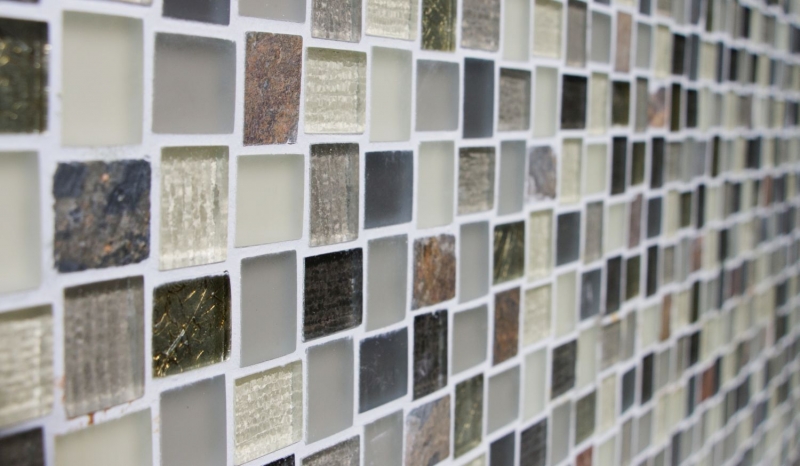 Hand-patterned mosaic tile Tile backsplash Translucent white gray rust Rectangle Glass mosaic Crystal stone rustic MOS82-0102_m
