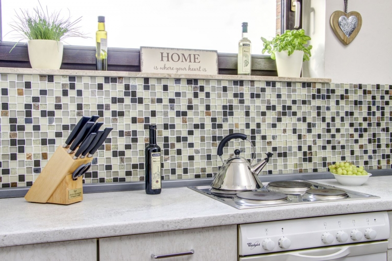 Hand-patterned mosaic tile Tile backsplash Translucent white gray rust Rectangle Glass mosaic Crystal stone rustic MOS82-0102_m
