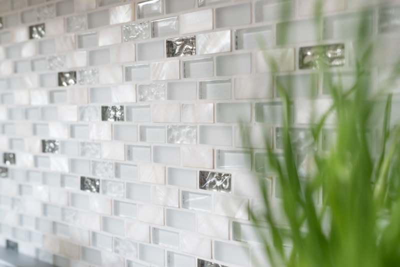 Hand-patterned mosaic tile Tile backsplash Translucent white Brick Glass mosaic Crystal stone Shell white MOS87-B01S_m