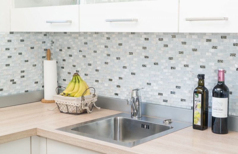 Hand-patterned mosaic tile Tile backsplash Translucent white Brick Glass mosaic Crystal stone Shell white MOS87-B01S_m