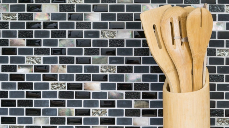 Hand-patterned mosaic tile Tile backsplash Translucent black Brick Glass mosaic Crystal stone Shell black MOS87-B03S_m