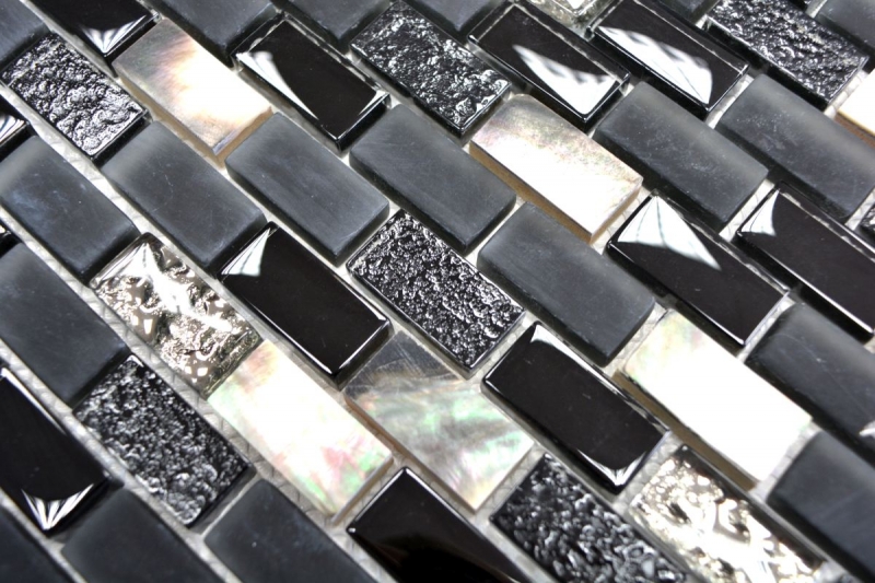 Hand-patterned mosaic tile Tile backsplash Translucent black Brick Glass mosaic Crystal stone Shell black MOS87-B03S_m
