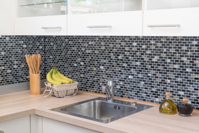 Hand-patterned mosaic tile Tile backsplash Translucent black Brick Glass mosaic Crystal stone Shell black MOS87-B03S_m