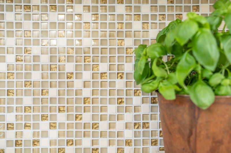 Hand-painted mosaic tile Tile backsplash Translucent white gold Glass mosaic Crystal stone white matt gold MOS92-1201_m