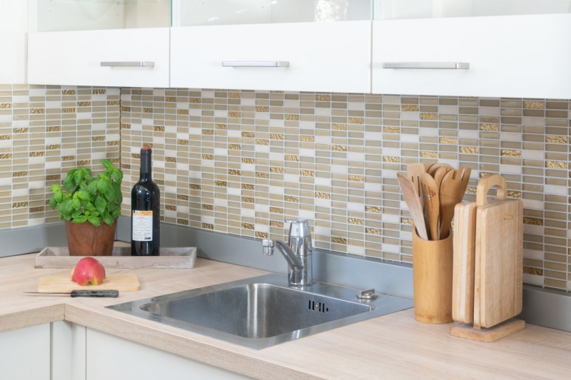 Hand-painted mosaic tile Tile backsplash Translucent white gold rods Glass mosaic Crystal stone white matt gold MOS87-1202_m