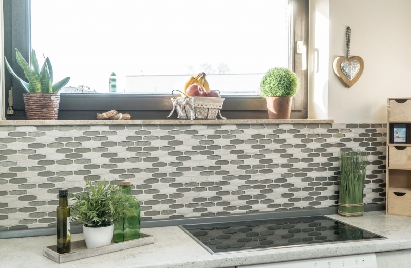 Hand-patterned mosaic tile Tile backsplash Translucent gray boat shape Glass mosaic Crystal stone gray MOS85-BM59_m