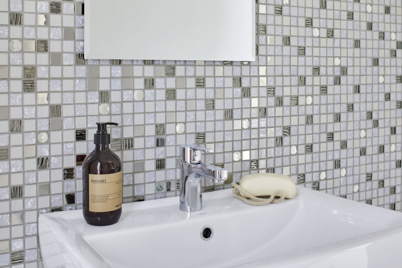 Hand pattern mosaic tile Tile mirror self-adhesive Translucent stainless steel white Glass mosaic Crystal steel white Glass MOS200-4CM24_m