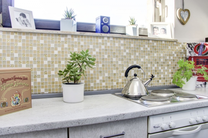 Hand sample mosaic tile Tile backsplash self-adhesive Translucent stone white gold Glass mosaic Crystal stone white matt gold MOS200-4M362_m
