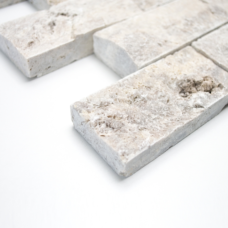Hand sample mosaic tile travertine natural stone white gray Brick Splitface silver Travertine 3D MOS29-42781_m