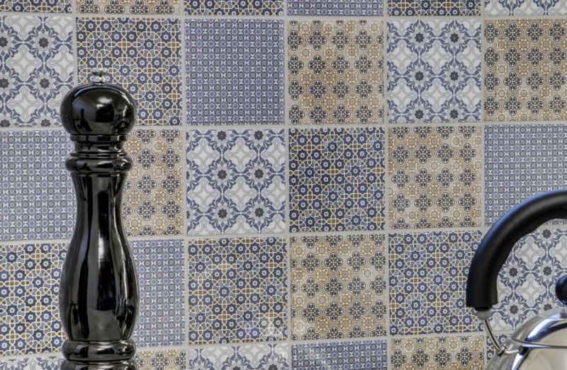 Retro vintage mosaic backsplash kitchen backsplash white blue orange gray MOS22B-1404_f | 10 mosaic mats