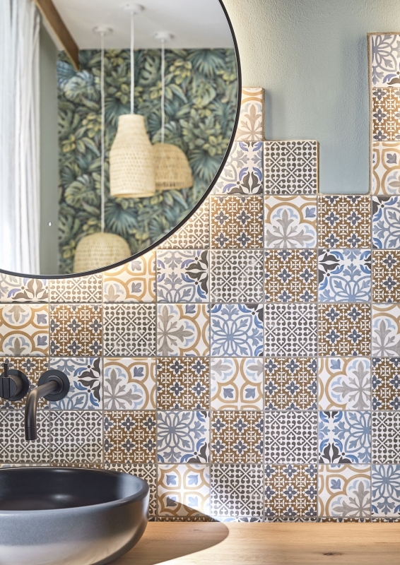 Retro vintage mosaic tile backsplash kitchen backsplash ceramic cream blue orange gray matt MOS22B-1406_f | 10 mosaic mats