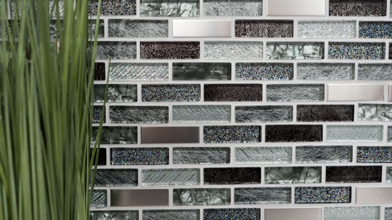 Mosaic tile translucent stainless steel silver gray black composite glass mosaic Crystal steel silver gray black MOS87-IL017_f | 10 mosaic mats