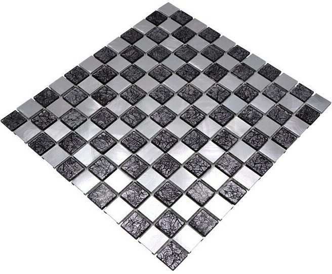 Mosaic rear wall aluminum glass mosaic aluminum checkerboard black silver MOS49-0302_f