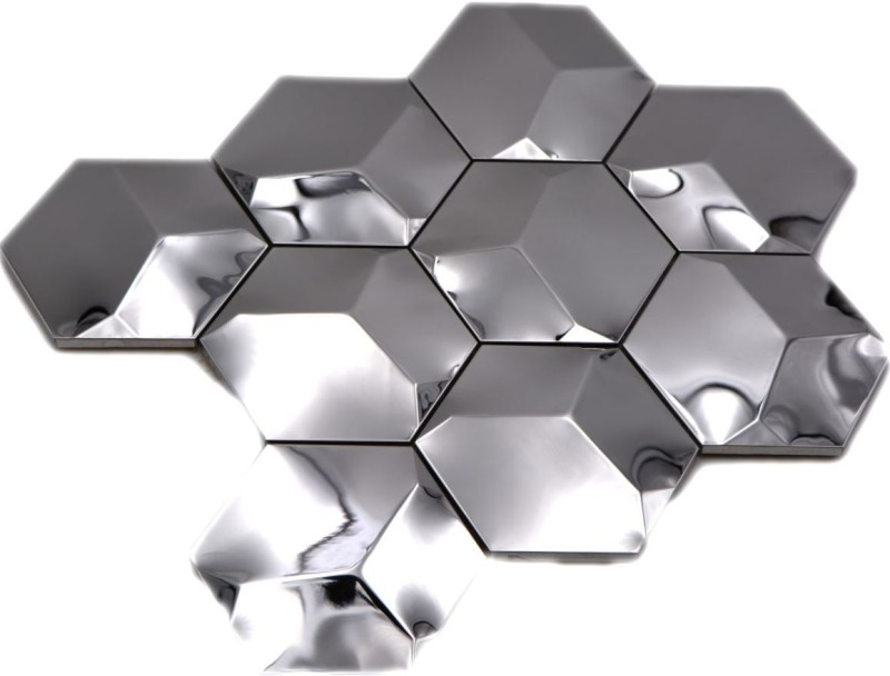 Mosaic back panel stainless steel silver hexagon 3D steel glossy MOS129-HXM10SG_f