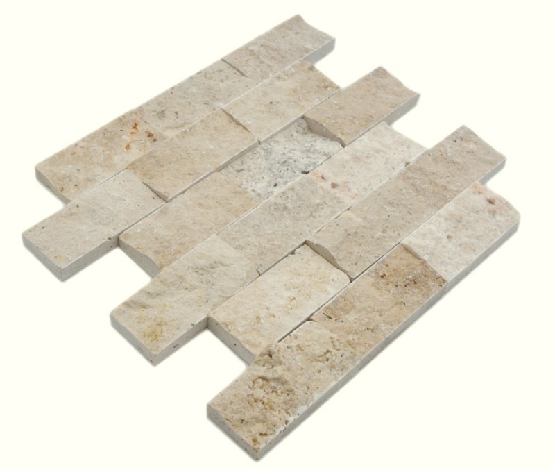 Mosaic tile Travertine natural stone beige Brick Splitface Chiaro Travertine 3D MOS43-1206_f