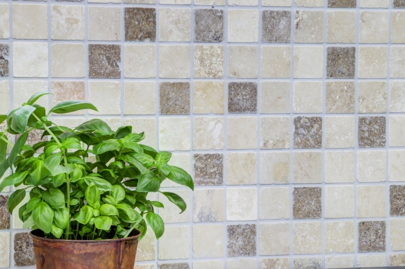 Mosaic tile backsplash travertine natural stone beige brown Chiaro + Noche travertine MOS43-1216_f