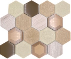 Hexagonal glass mosaic natural stone tiles beige cream bronze marble backsplash wall bathroom WC - MOS11E-77