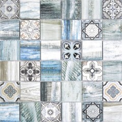 Mosaic tile patchwork mix light blue azzurro mosaic tile wall wood look kitchen splashback MOS160-w300