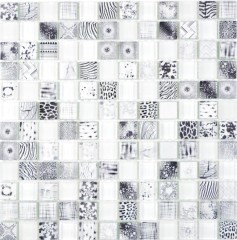 Glass mosaic mosaic tiles Arts and Crafts white black pattern wall tile backsplash kitchen shower bathroom MOS74-0203